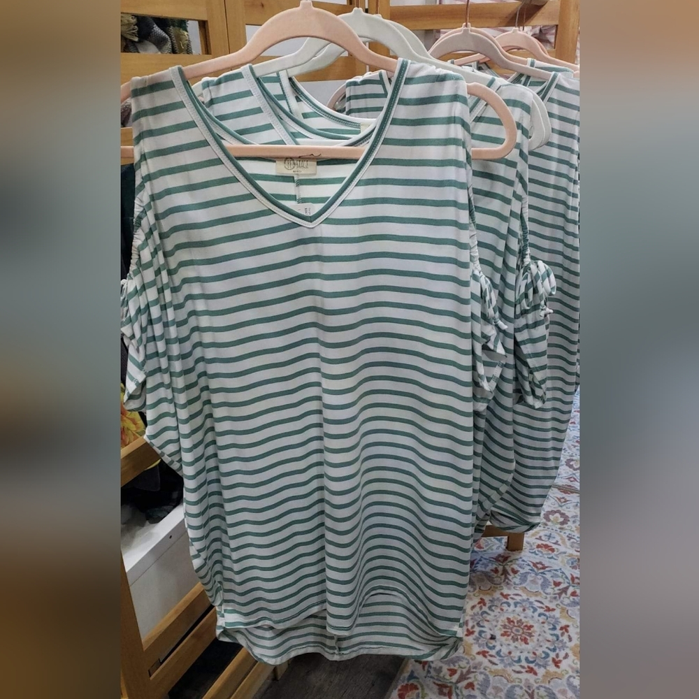 Striped Cold Shoulder Dolman- Teal